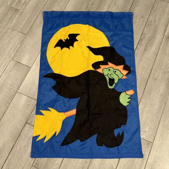 Vintage Halloween Flying Witch Broomstick Moon Nylon Outdoor Banner Flag 90s - Picture 1 of 5